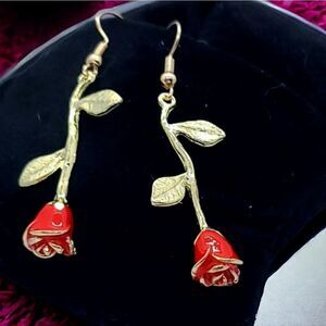 Enchanted Rose Stem Earrings Gold Red Fairytale Romantic Dangle Jewelry Princess
